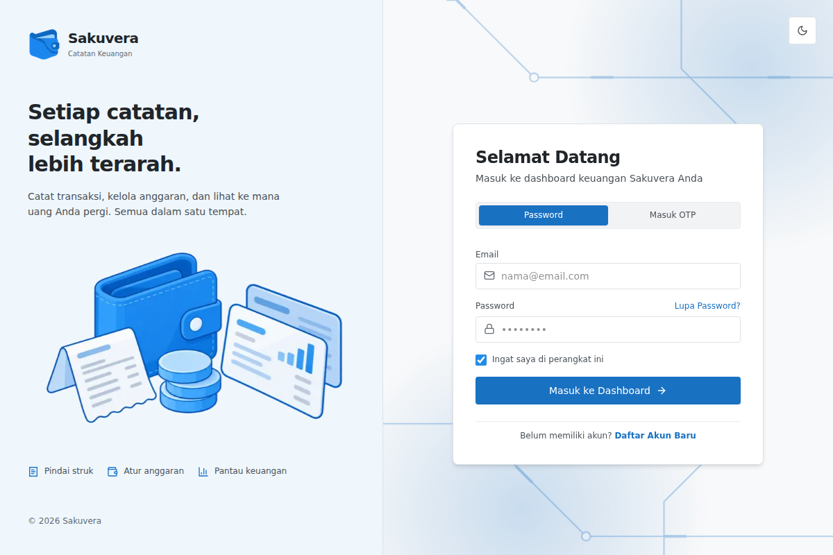 Halaman login Sakuvera dengan formulir email dan password.
